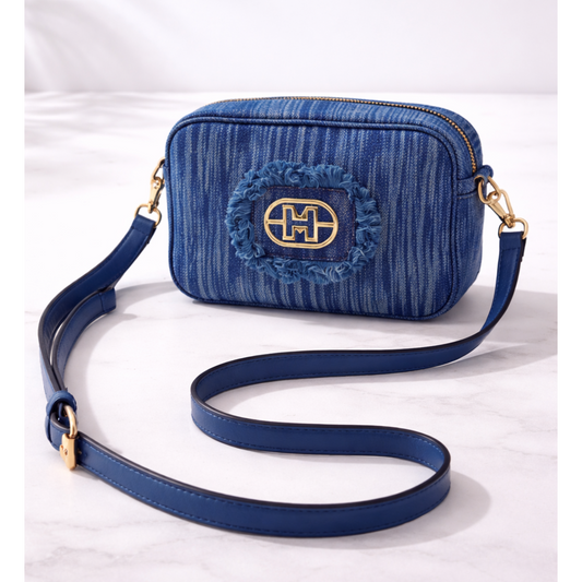 Dark Denim Canvas Crossbody Bag with Gold Hardware