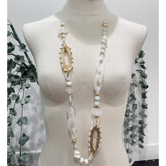White Bead & Gold Ovals Long Necklace