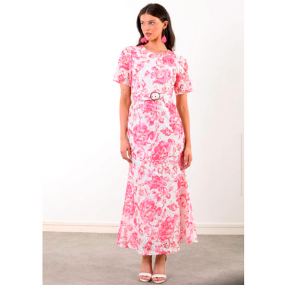 Jenna Pink & White Crochet Lace Midi Dress