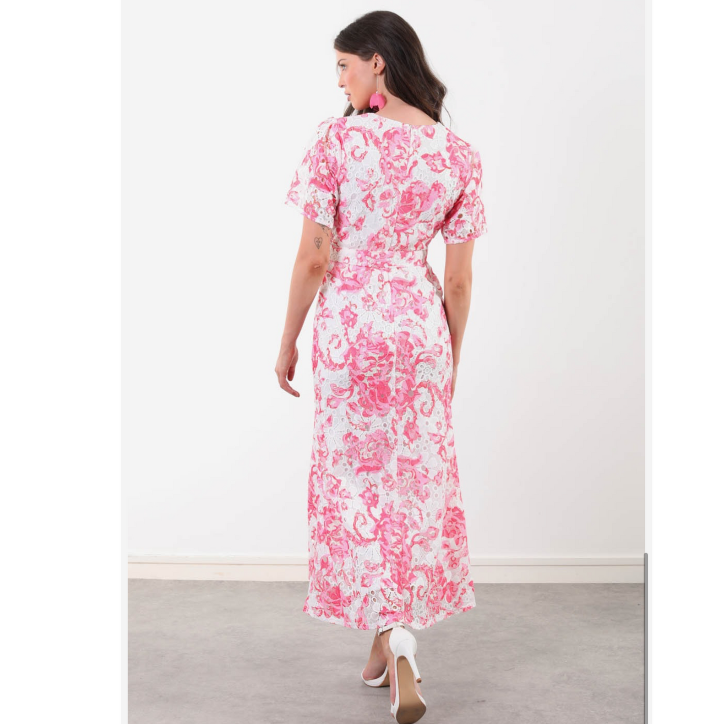 Jenna Pink & White Crochet Lace Midi Dress