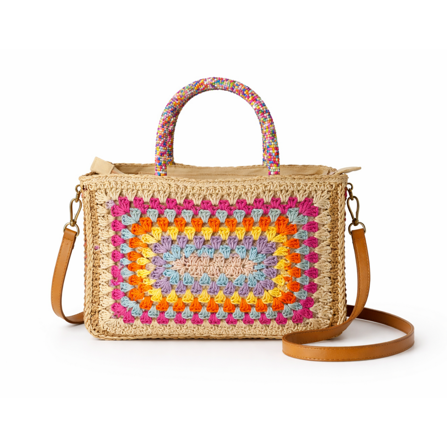 Boho Rainbow Weaved Crochet Crossbody Tote Natural