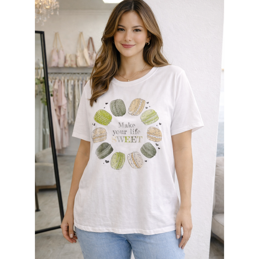 Sweet Green & Beige Macaroon White Cotton T-Shirt