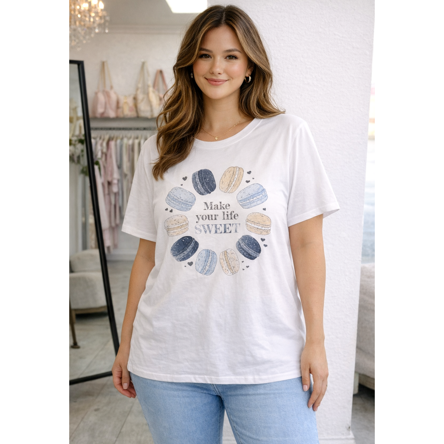 Sweet Macaron Print White Cotton T-Shirt – Blue