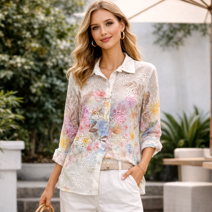 Cream Pastel Floral Embroidery Anglaise Shirt (One Size)