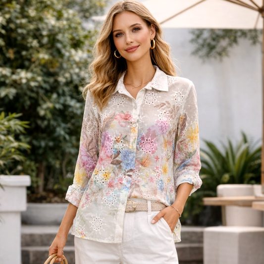Cream Pastel Floral Embroidery Anglaise Shirt (One Size)