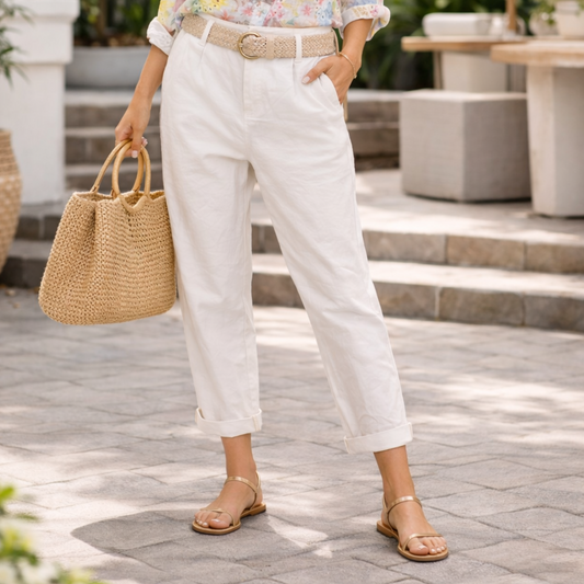 Cream Cotton Stretch Bottoms With Belt