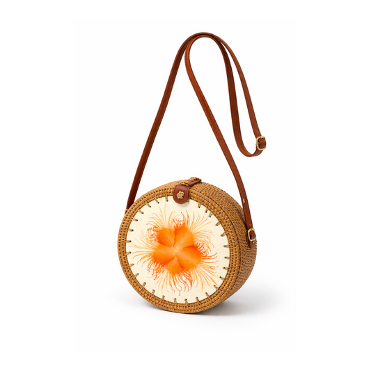 Orange & Tan Rattan Round Crossbody Bag
