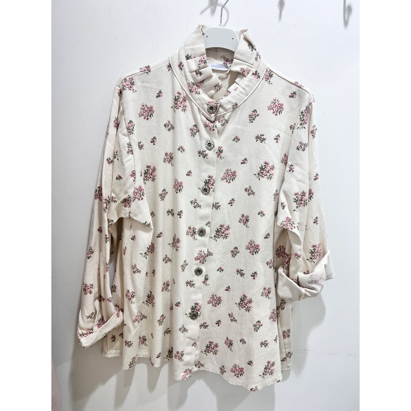 Floral Blossom Buttoned Denim Jacket Top Ruffle Neck (3 Colours)