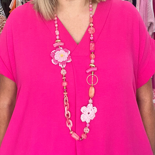 Long Beaded Necklace Crochet Flowers Pink