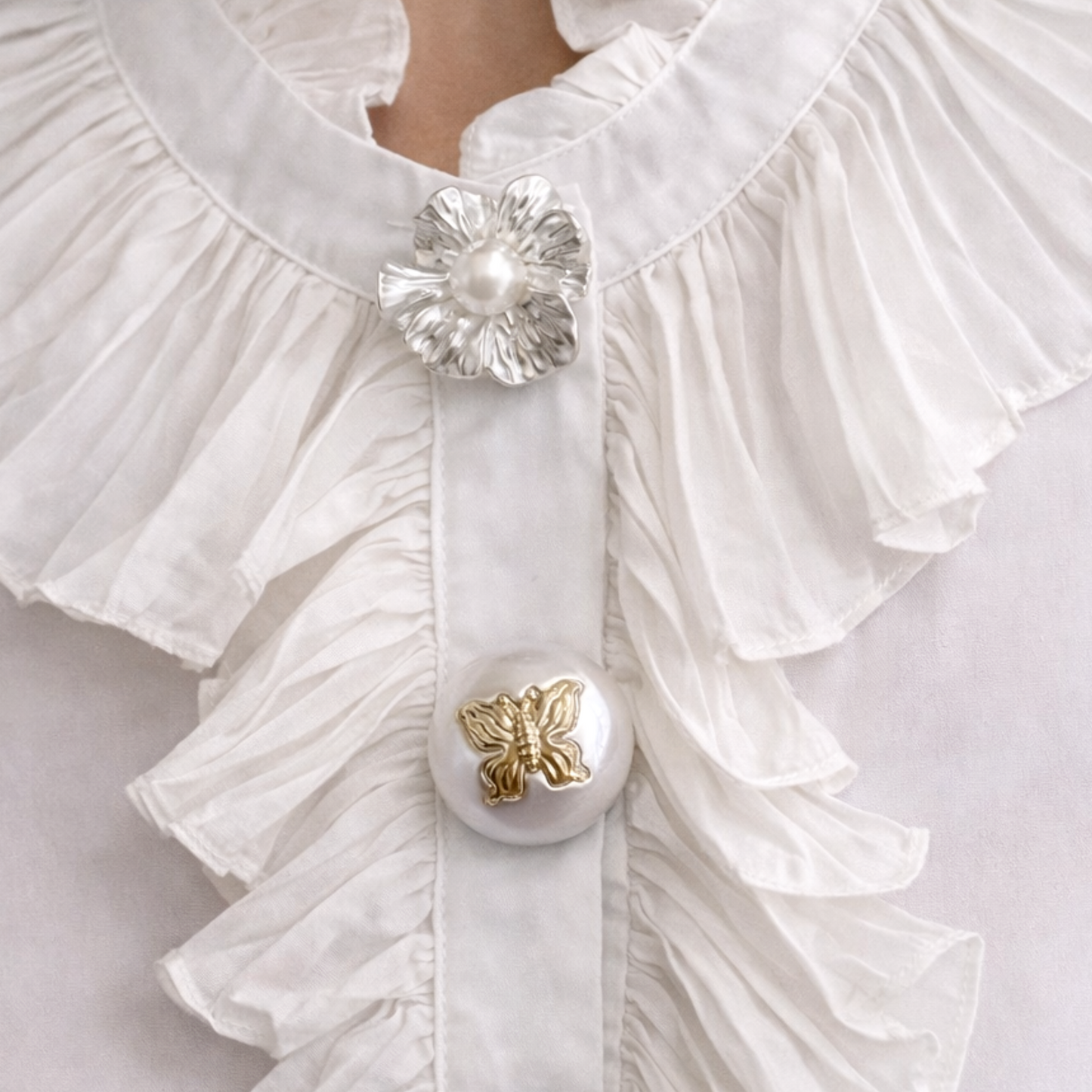 Pearl & Gold Butterfly-Flower Button Covers / Cufflinks (Set)