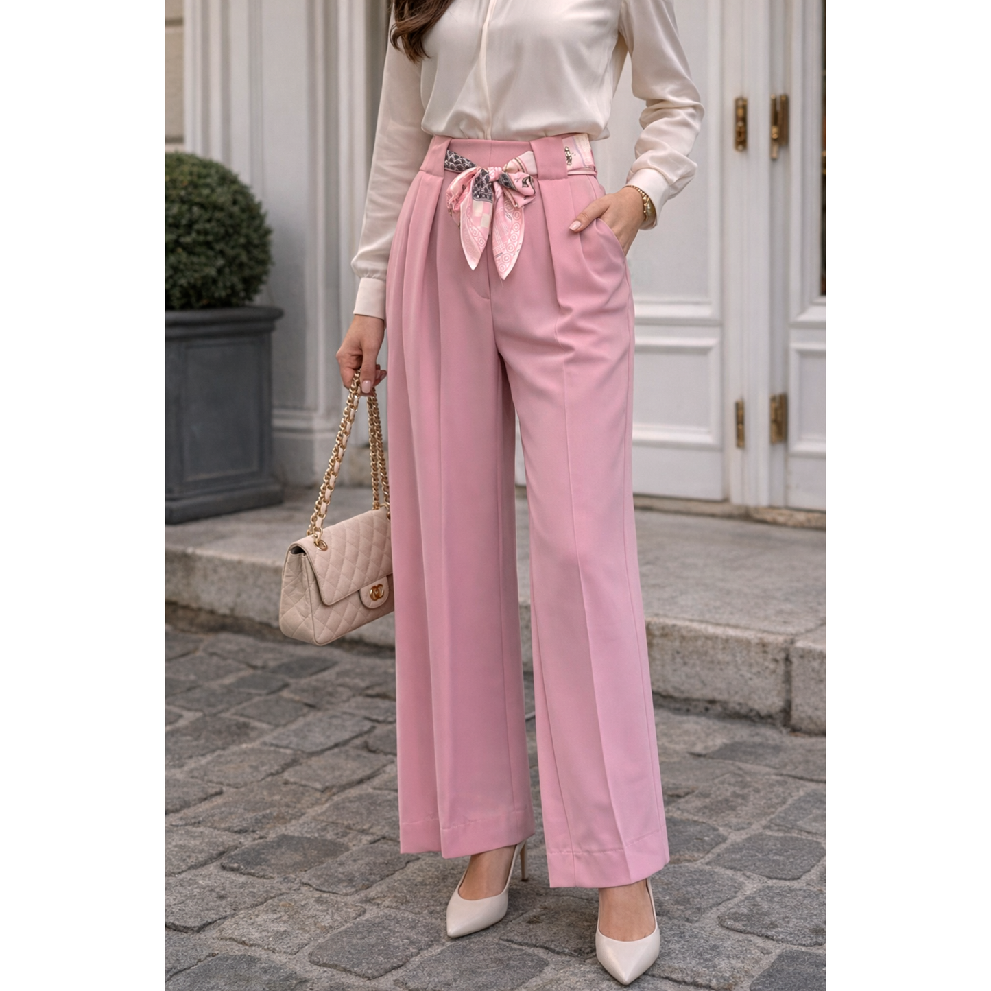 Pink Straight Leg Trousers Scarf Belt