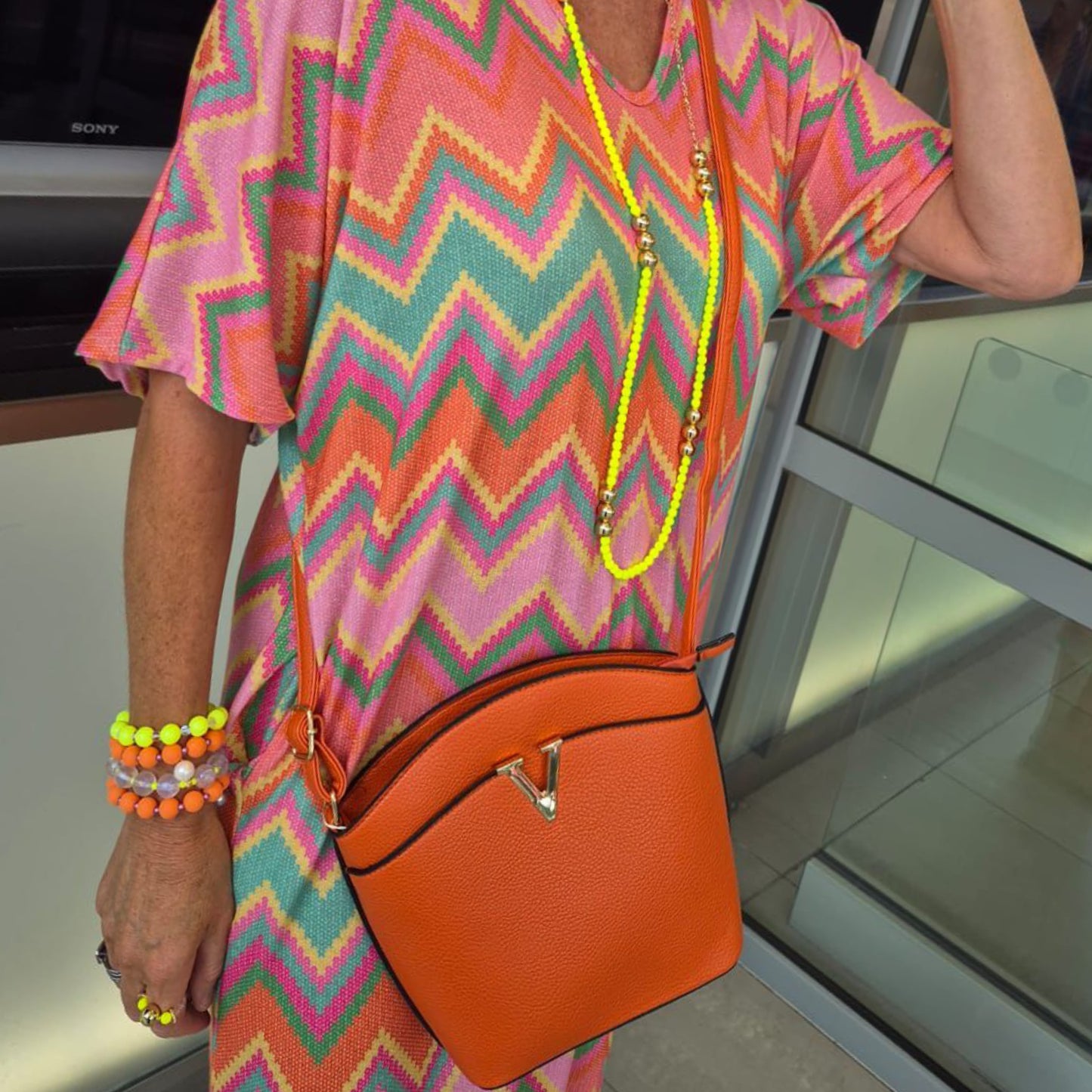 Orange Leatherette Crossbody Bag Gold V