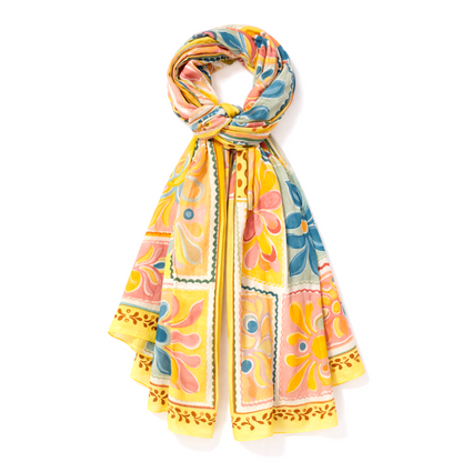 Multicoloured Cotton Print Scarf Yellow Trim