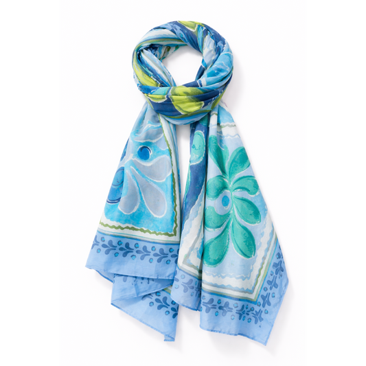 Multicoloured Cotton Scarf Blue Trim