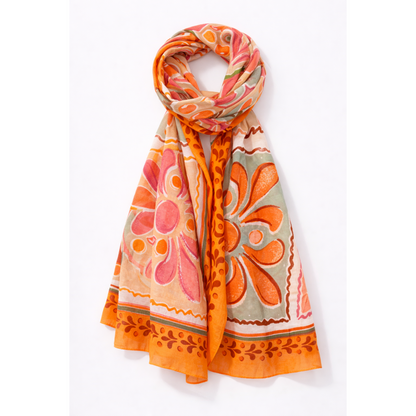 Multicoloured Cotton Print Scarf Orange Trim