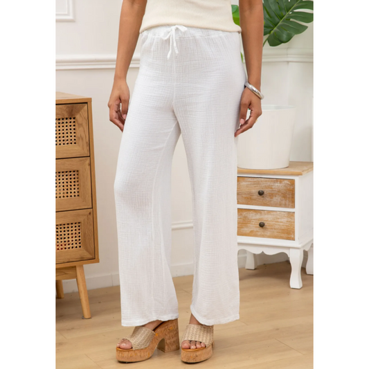 White Cotton Cheesecloth Elasticated Trousers
