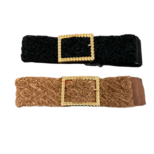 Elasticated Broad Belt Chenile & Gold Square Buckle