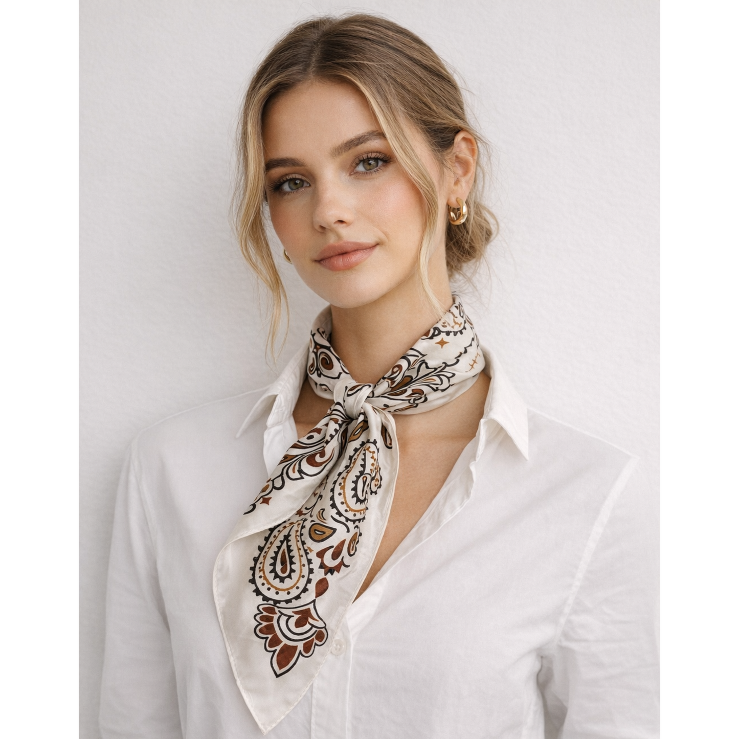 Cream Paisley Print Silk Feel Scarf