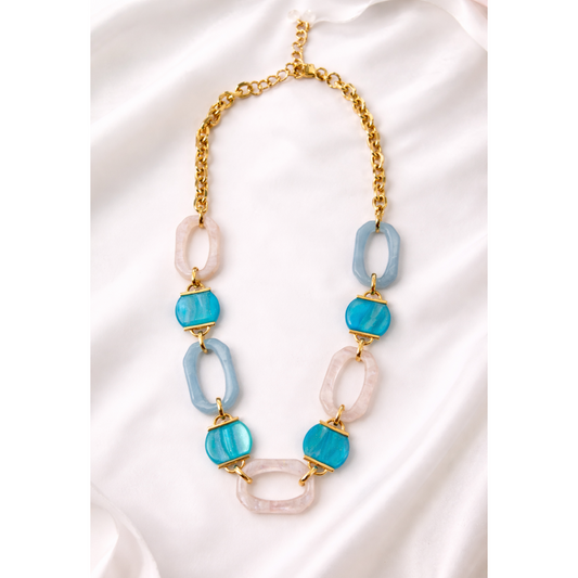 Aqua Resin & Gold Statement Link Necklace