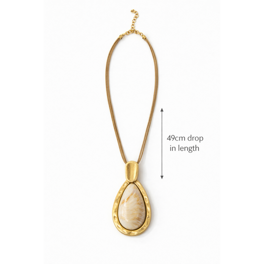Gold & Marble Effect Pendant Necklace – Long Drop Statement Necklace