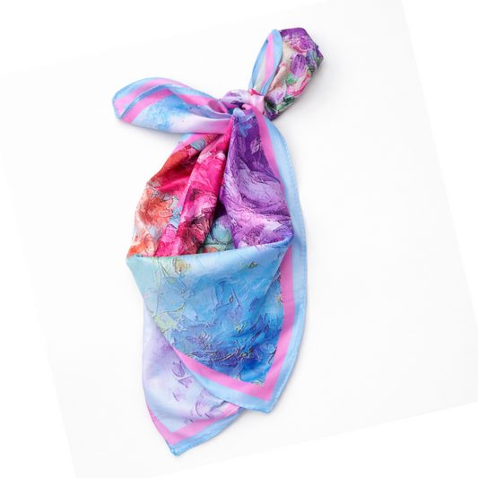 Pastel Bloom Silk Feel Neck Scarf – Pink & Blue Print