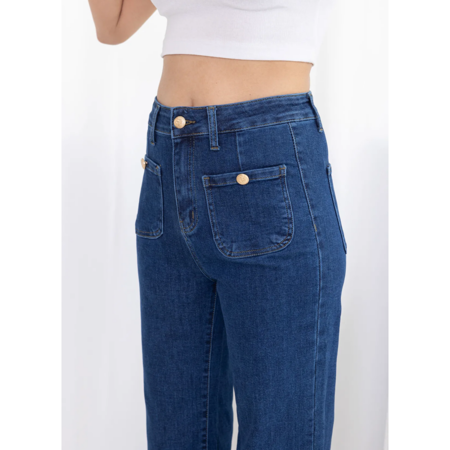 Jessie Blue Denim Straight Leg Jeans Pocket Detail