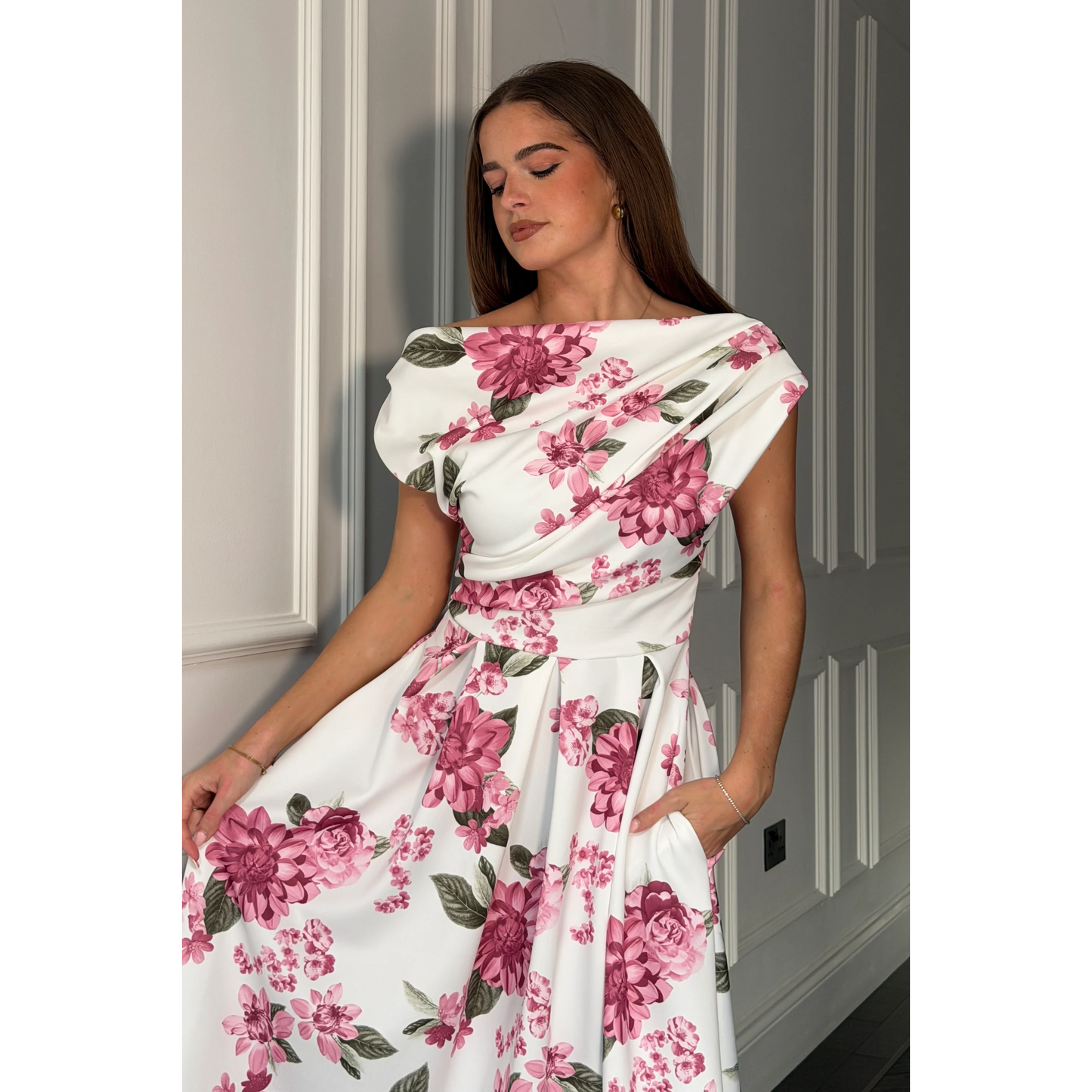 Esme Asymmetric Neckline Skater Midi Pink Floral