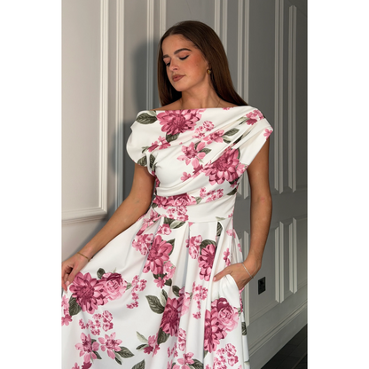 Esme Asymmetric Neckline Skater Midi Pink Floral