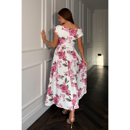 Esme Asymmetric Neckline Skater Midi Pink Floral