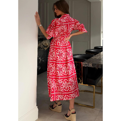 Jenna Red & White Collared Midi Dress