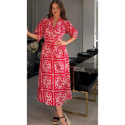 Jenna Red & White Collared Midi Dress
