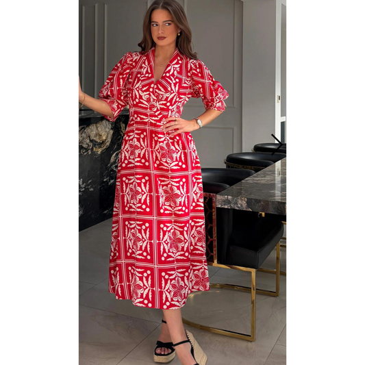 Jenna Red & White Collared Midi Dress