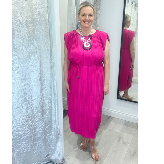 Isla Pleated Belted Dress Fuschia Pink