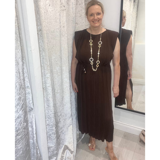 Isla Pleated Belted Dress Chocolate Brown
