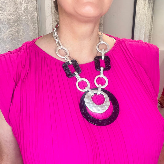 Black & Silver Statement Necklace Circular Pendant