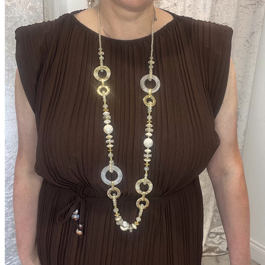 Beige & Gold Beaded Long Necklace