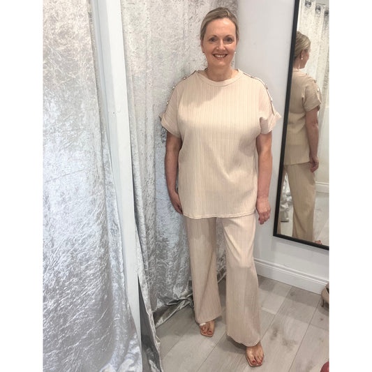 Esme Beige Pleated Co-Ord Gold Buttons