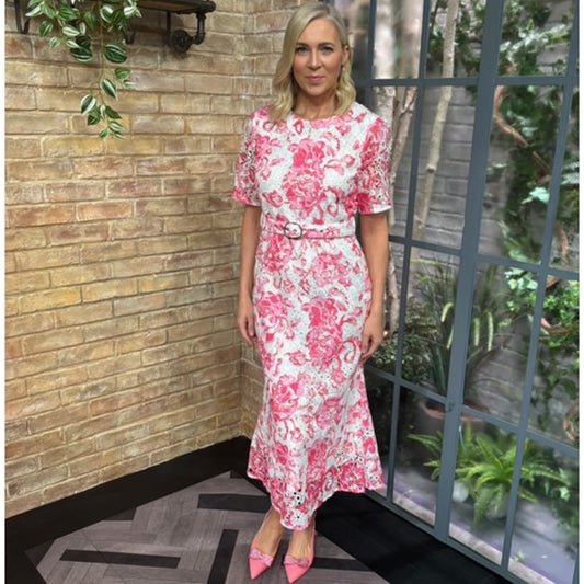 Jenna Pink & White Crochet Lace Midi Dress