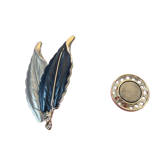 Magnetic Brooch Navy & Silver Double Leaf