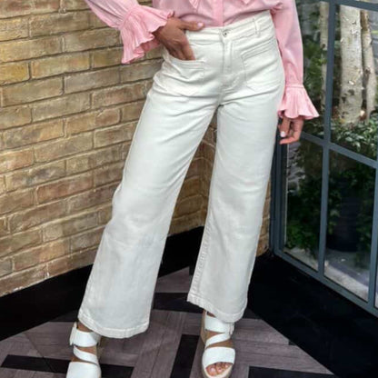 Poppy Wide Leg Jeans Front Pockets (Cream)