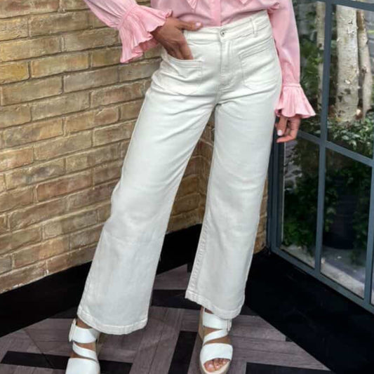 Poppy Wide Leg Jeans Front Pockets (Cream)