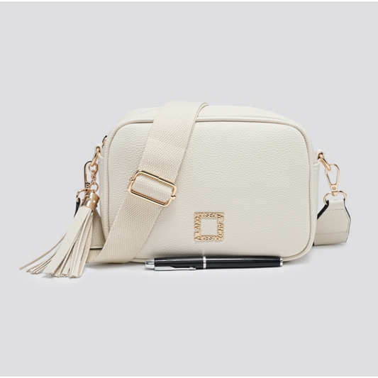 Cream Leatherette & Gold Crossbody Camera Bag