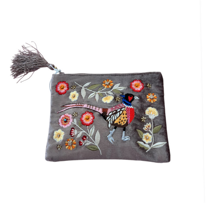 POM Taupe Embroidered Velvet Hand Purse Bird/Flowers