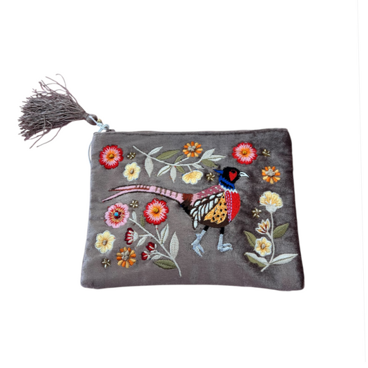 POM Taupe Embroidered Velvet Hand Purse Bird/Flowers