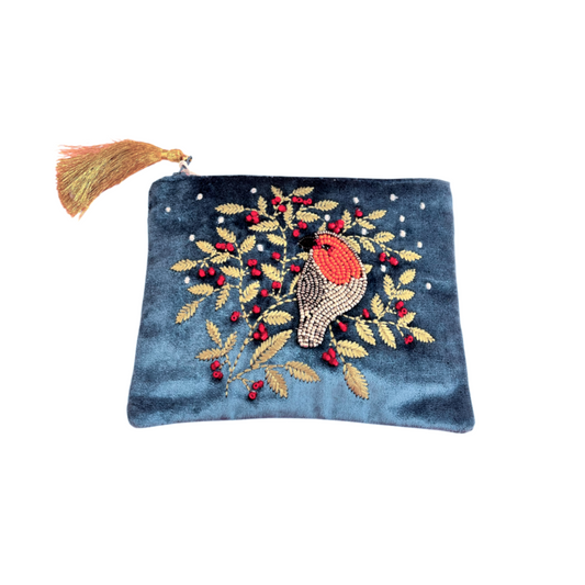 POM Blue Velvet Handheld Purse Embroidered Beaded Robin