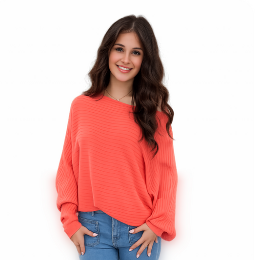 Gloria Ribbed Batwing Jumper Coral