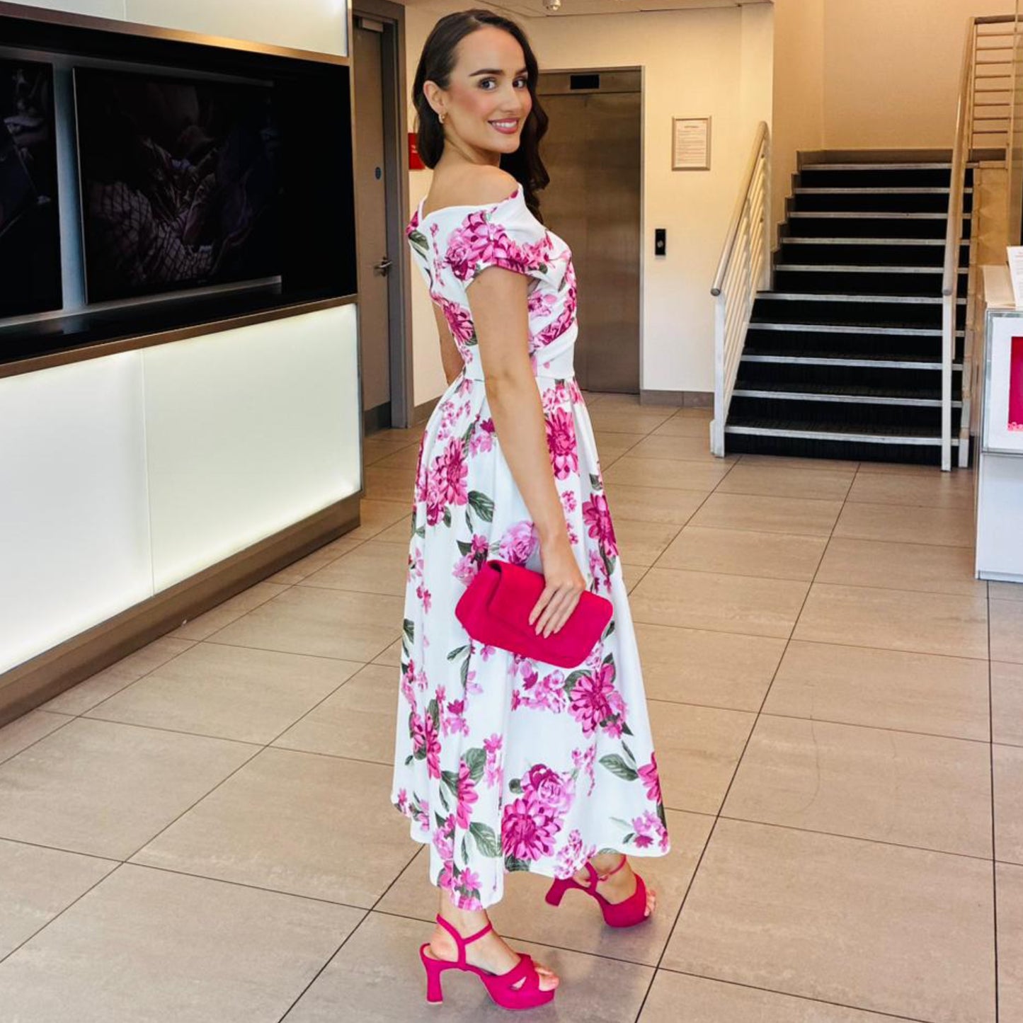Esme Asymmetric Neckline Skater Midi Pink Floral