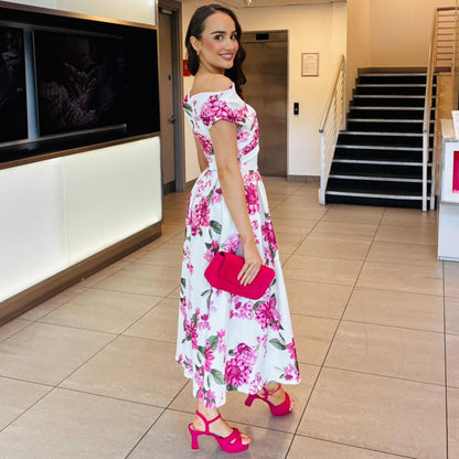 Esme Asymmetric Neckline Skater Midi Pink Floral