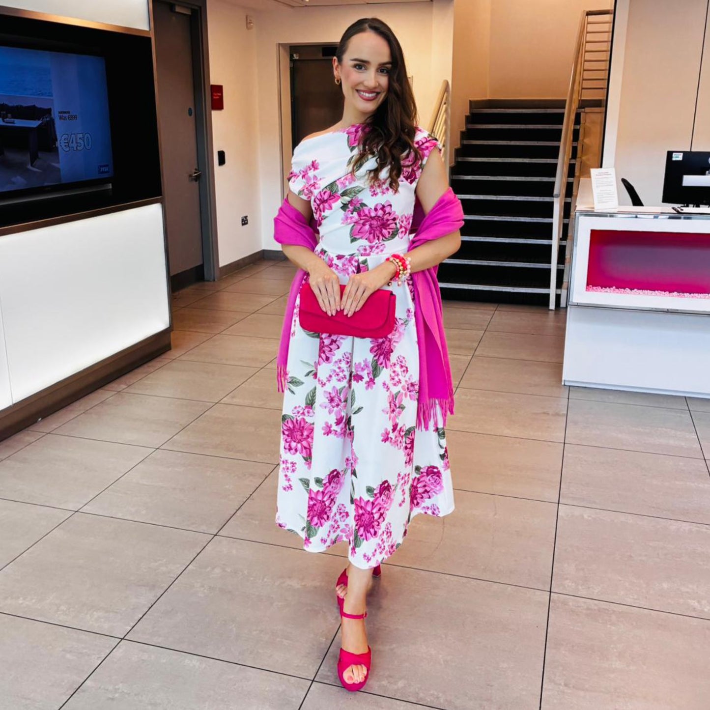Esme Asymmetric Neckline Skater Midi Pink Floral