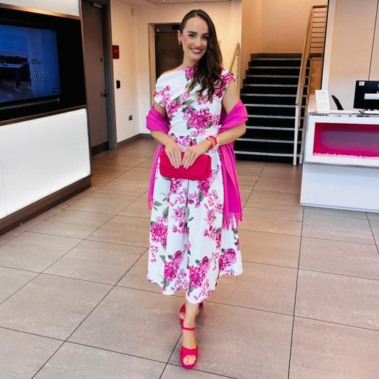 Esme Asymmetric Neckline Skater Midi Pink Floral